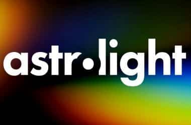 White astrolight logo, with colors of the spectrum and black background.